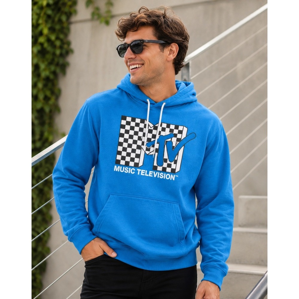 MTV Retro Logo Blue Fleece Hoodie Pullover Sweatshirt Size Unisex Medium Y2K